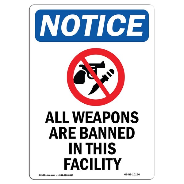 Safety Sign, OSHA Notice, 5" Height, All Weapons Are Banned Sign With Symbol, Portrait, 10PK